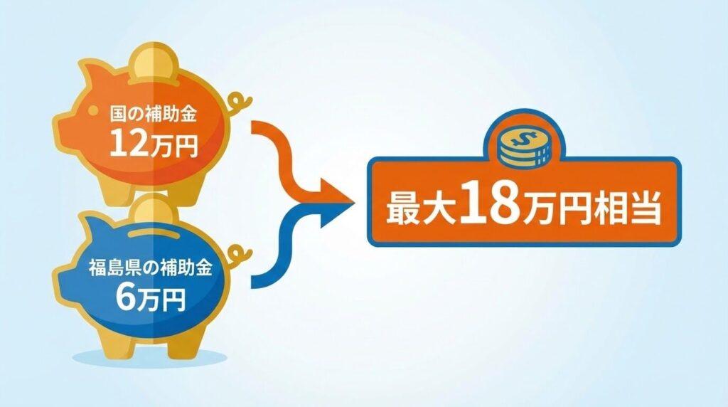 国の補助金12万円と福島県の補助金6万円が合算され、最大18万円になることを示すインフォグラフィック