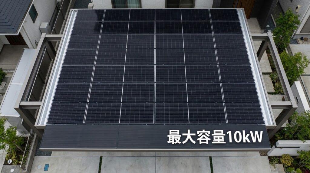 4台用の広いカーポート屋根に整然と並べられた大容量の太陽光パネルの俯瞰画像