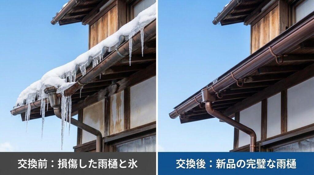 雪の重みで壊れた雨どいの修繕前と修繕後の比較写真