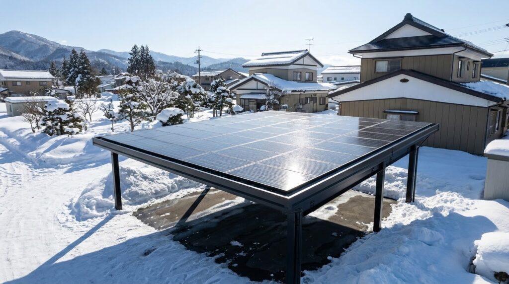 雪深い景色の中でも頼もしい、太陽光パネルを搭載した4台用ブラックカーポートのイメージ