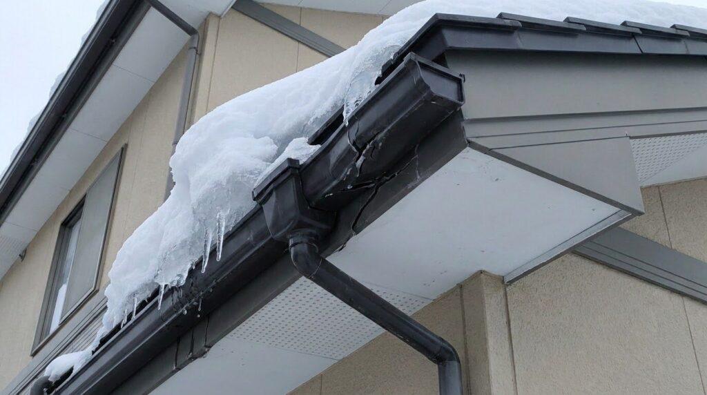 雪の重みで曲がってしまった雨どいの写真。