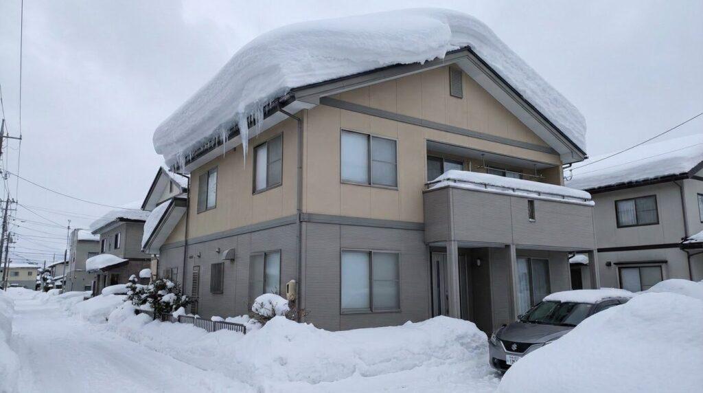 屋根から大きくせり出した分厚い雪の塊と、雨どい付近から垂れる巨大なつらら。重みによる家屋への負担が懸念される住宅の様子