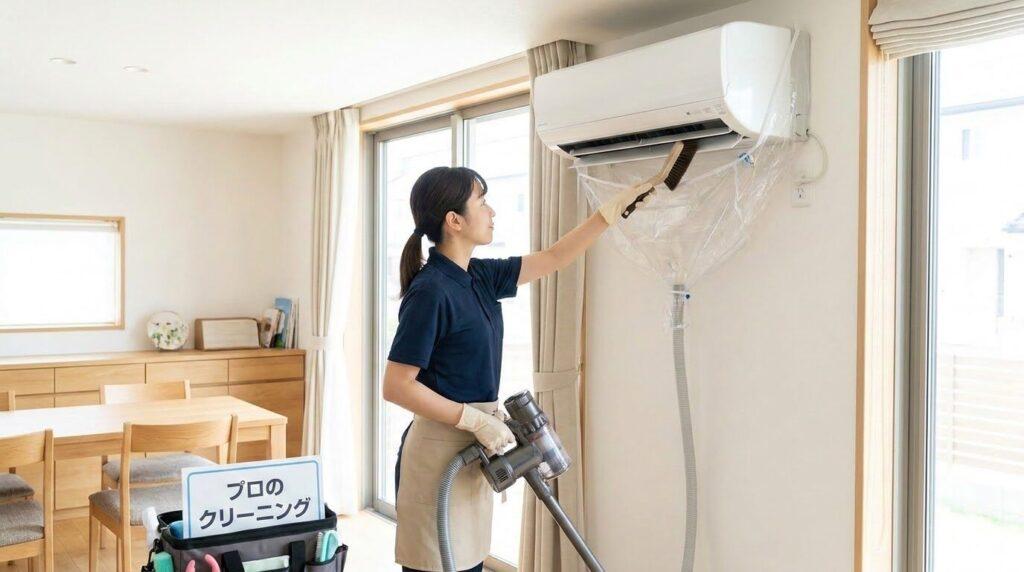 現代的な住宅の室内で、専用の道具を使用して空調設備の内部洗浄を丁寧に行うプロの作業スタッフ。