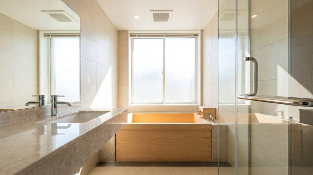  専門業者の清掃によって水垢が落ち、明るく清潔になった現代的な住宅の浴室